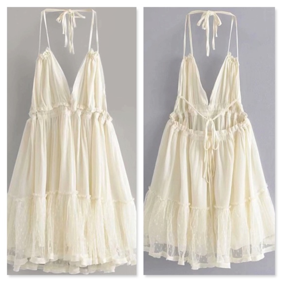 Backless Babydoll Short Dress in Beige - Picture 2 of 16